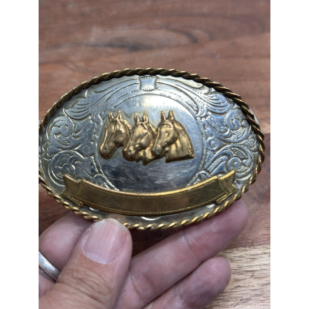 Western German Silver / Brass Triple Horse Head Portrait Engraved Buckle